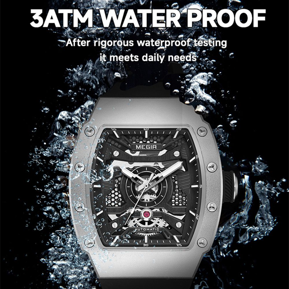MEGIR Brand Automatic Movement Watch for Men Tonneau Design Fashion Waterproof Stainless Steel Case Mechanical Wristwatch Montre Homme 8604